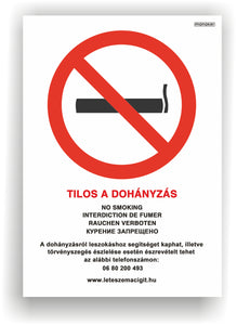 Tilos a dohányzás! tiltó jelzés kormányrendelet alapján, A4 méretben - öntapadó matrica vagy tábla